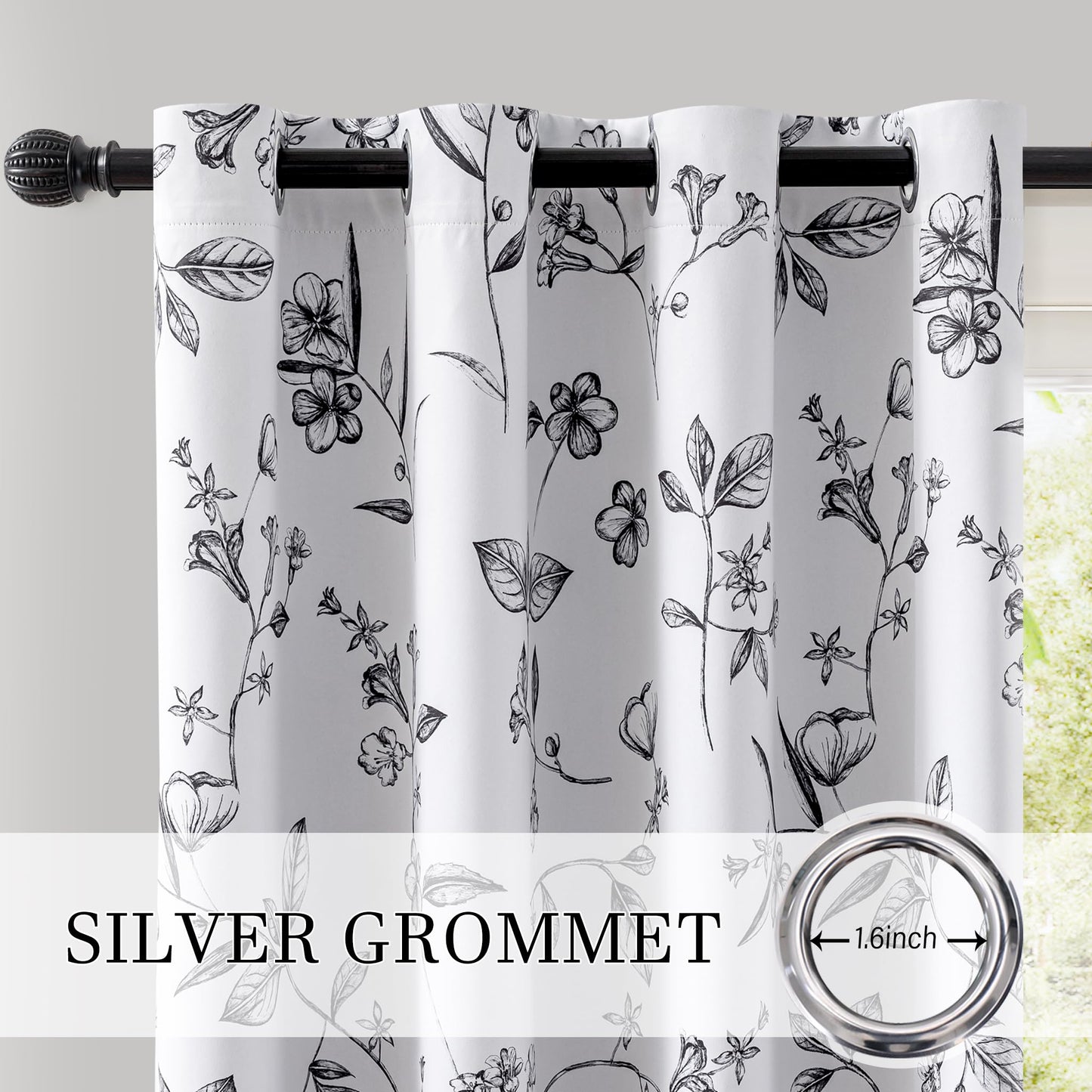 ChrisDowa 100% Blackout Floral Curtains 84 Inches Long 2 Panels for Bedroom Living Room Black Flower Patterned Room Darkening Thermal Insulated Soundproof Grommet Window Treatments Drapes,52X84