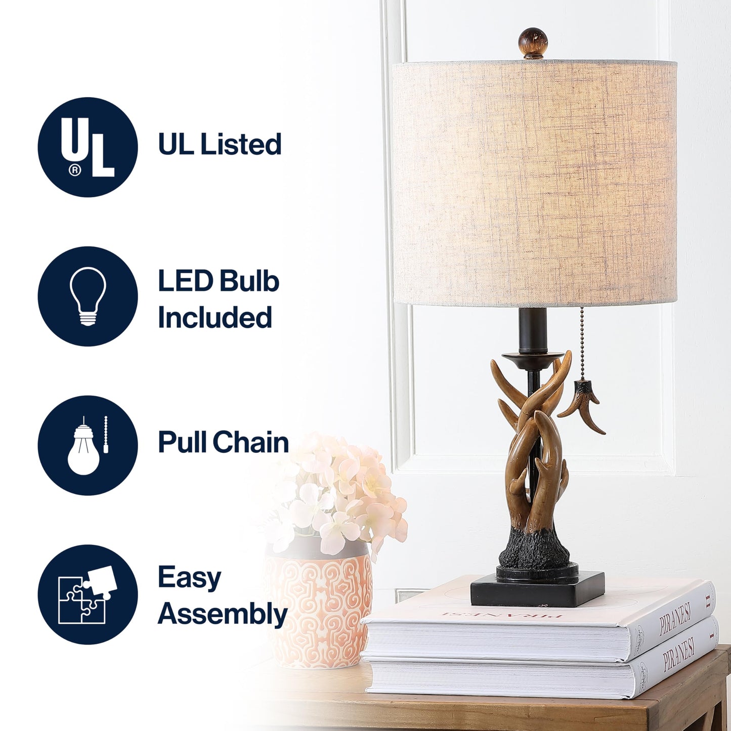 JONATHAN Y 20.5" Brown Rustic Antler Table Lamp for Bedroom Farmhouse Decor, Mini Faux Antler Desk Lamp with Gray Linen Shade, Lodge Cabin Nightstand Lamp, LED Bulb JYL1031A
