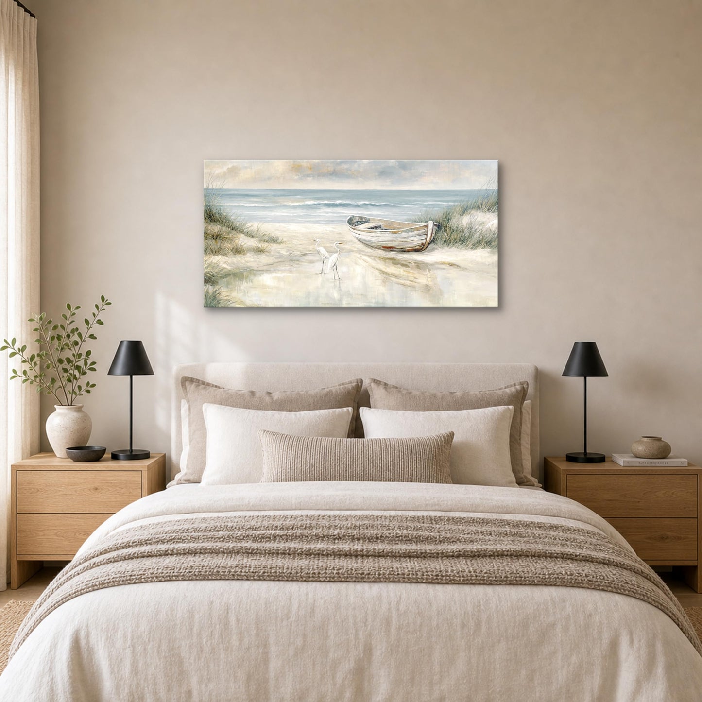 SENROLAN Coastal Wall Art for Living Room, Horizontal Seascape Canvas Wall Art with Boat and Birds, Neutral Ocean Picture for Bedroom, Large Beach Wall Decor, Ready to Hang, 24x48 Inch