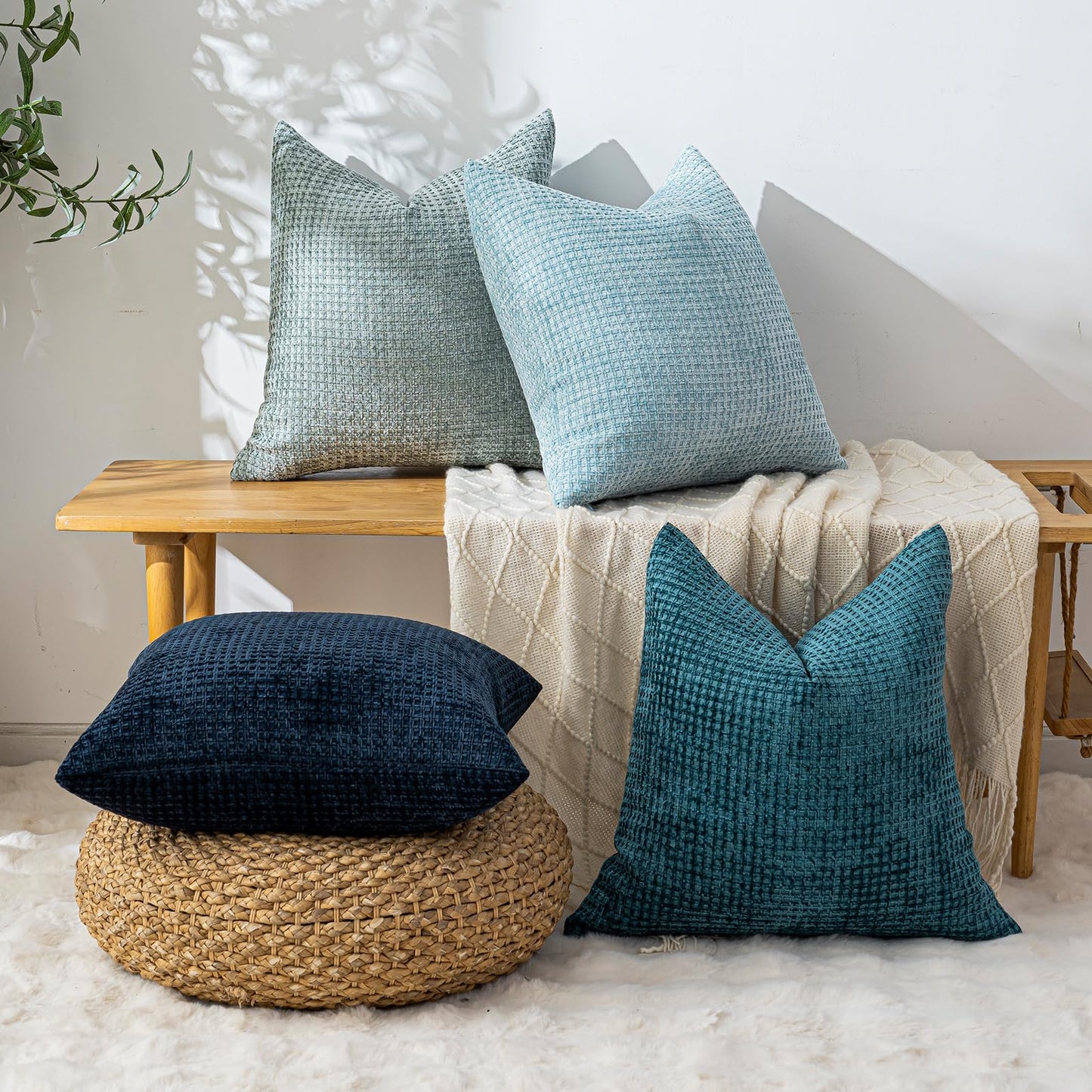 Cushonix Pack of 4 Throw Pillow Covers 18x18 inch Blue Series Boho Cushion Covers Decorative Farmhouse Pillow Covers for Couch Bed Sofa Living Room Home Decor Soft Square Pillowcase