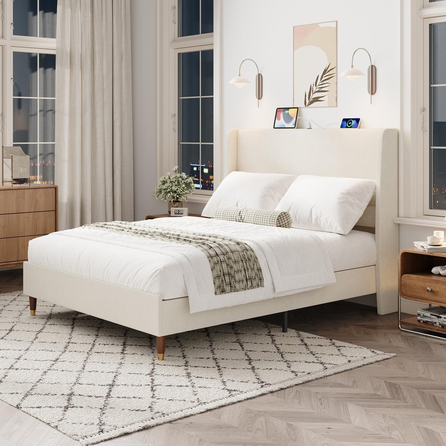 MALOL Queen Bed Frame with Upholstered Linen Headboard, Platform Bed with USB Charging Ports, Sturdy Metal Frame, No Box Spring Required, Quiet Noise-Free Modern Bedroom Furniture, Beige