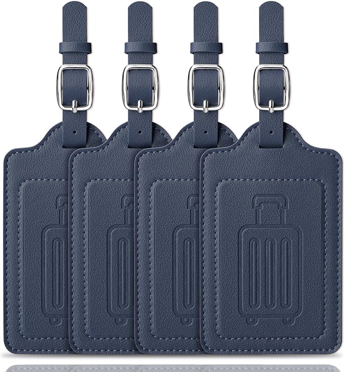 Teskyer Luggage Tags for Suitcases, TSA Approved with Privacy Protection Cover, Premium Faux Leather Bag Tags for Travel - 4 Pack, Blue