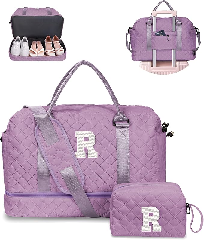 Vogewood Initial Duffle Bag, Weekender Bags with Shoe Compartment and Shoulder Strap, Monogram Overnight Bag for Women Wet Pocket, Girl Travel Bag with Makeup Bag Gifts for Niece (Letter R)
