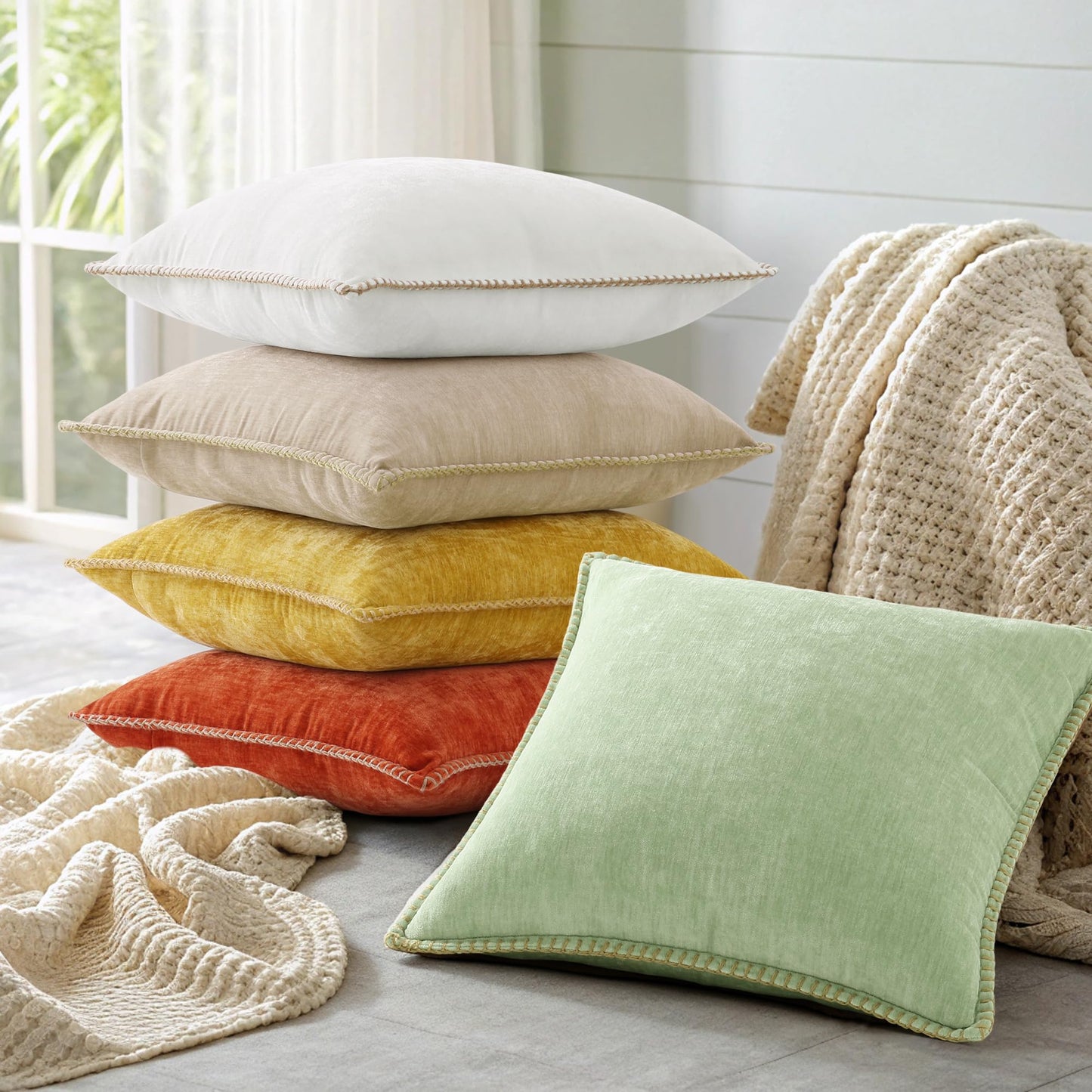 decorUhome Summer Chenille Soft Cozy Throw Pillow Covers 18x18 Set of 2, Modern Farmhouse Boho Velvet Decorative Pillow Cases with Stitched Edge for Couch Sofa Bed Home Decor, Sage Green