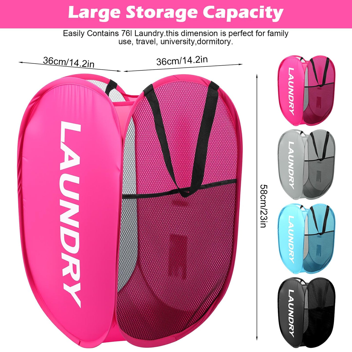 MBAIYO 4 Pack Foldable Mesh Pop Up Laundry Hamper with Handles, Collapsible Laundry Basket Extra Large Clothes Hamper with Large Side Pocket for Teen Room College Dorm Travel(23 x 14.2 x 14.2 inch)
