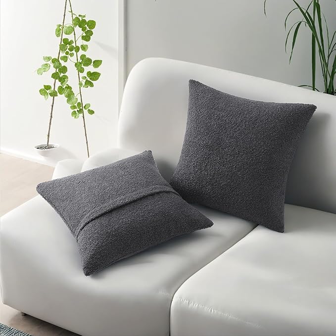 HAUSSY Set of 2 18x18 Decorative Throw Pillow Covers, Soft Cozy Textured Boucle Couch Cases, Home Decor for Couch Bed Living Room,Dark Grey