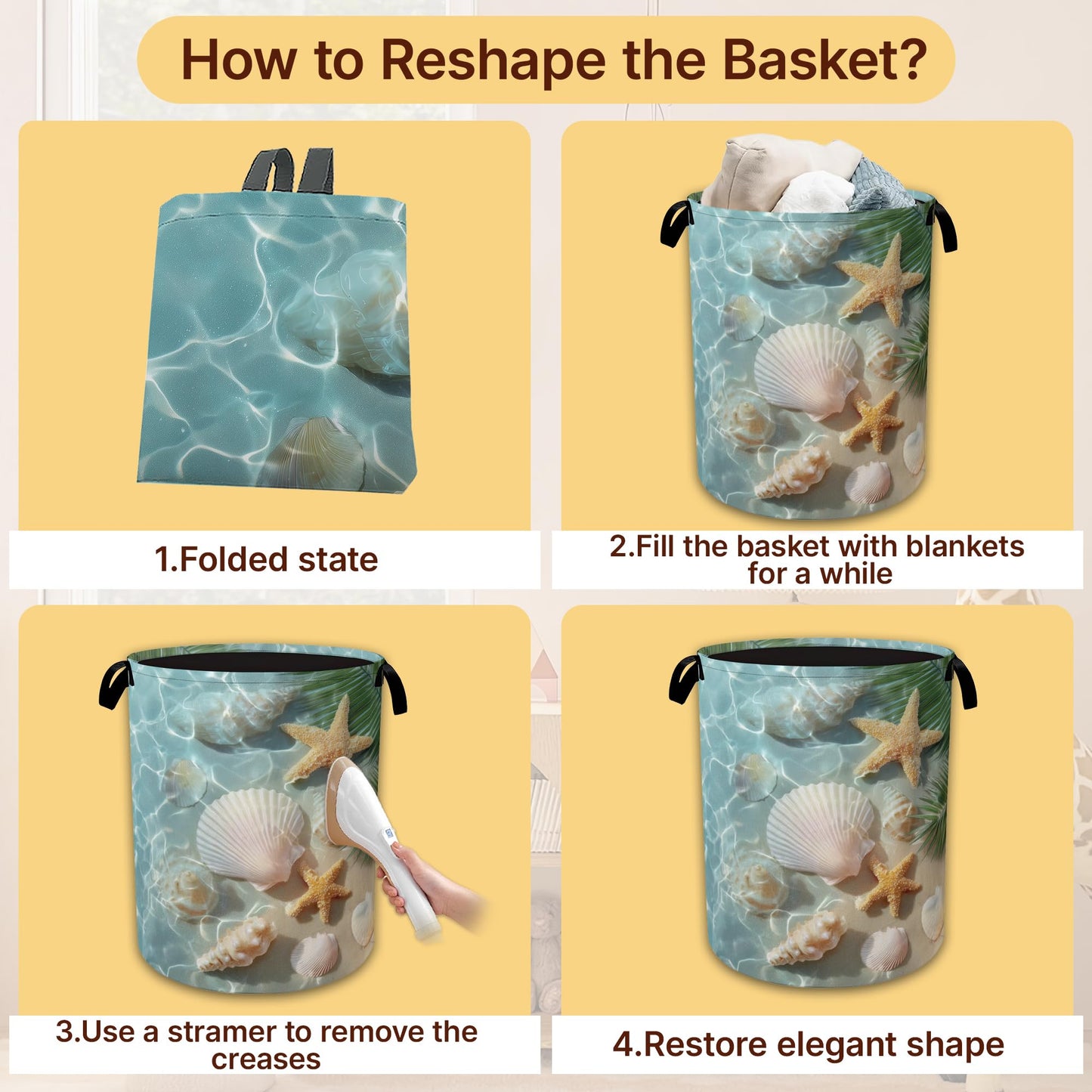 Sea Beach Laundry Basket,Starfish Shells Collapsible Laundry Baskets with Handles,Waterproof Oxford Cloth Hamper,Storage Organizer for Bathroom Bedroom Dorm