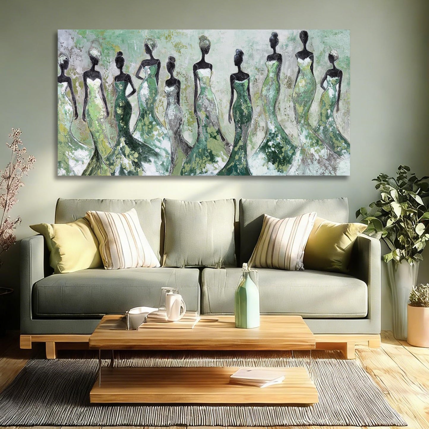 Dolidoteart Green Abstract Figure Wall Art, Black Modern Horizontal Canvas Print for Living Room, Bedroom, Dining Room or Office, Aesthetic Fashion Artwork, 24x48 Inch