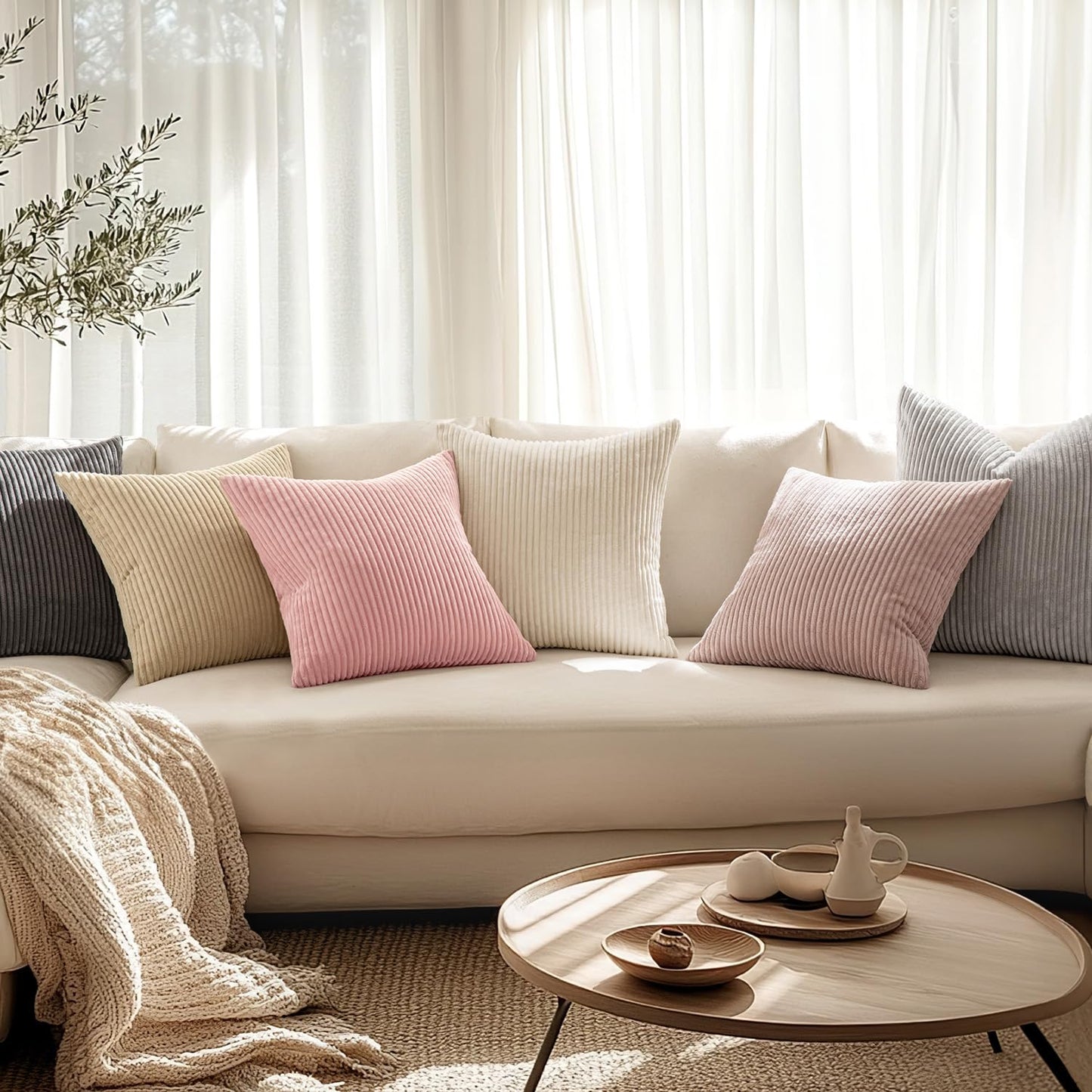 MIULEE Decorative Corduroy Pillow Covers Soft Solid Pack of 2 Cushion Cases Boho Square Throw Pillow Covers Pink Cute Pillowcases for Couch Chair Sofa Bed Living Room Home Decor 18 x 18 Inch