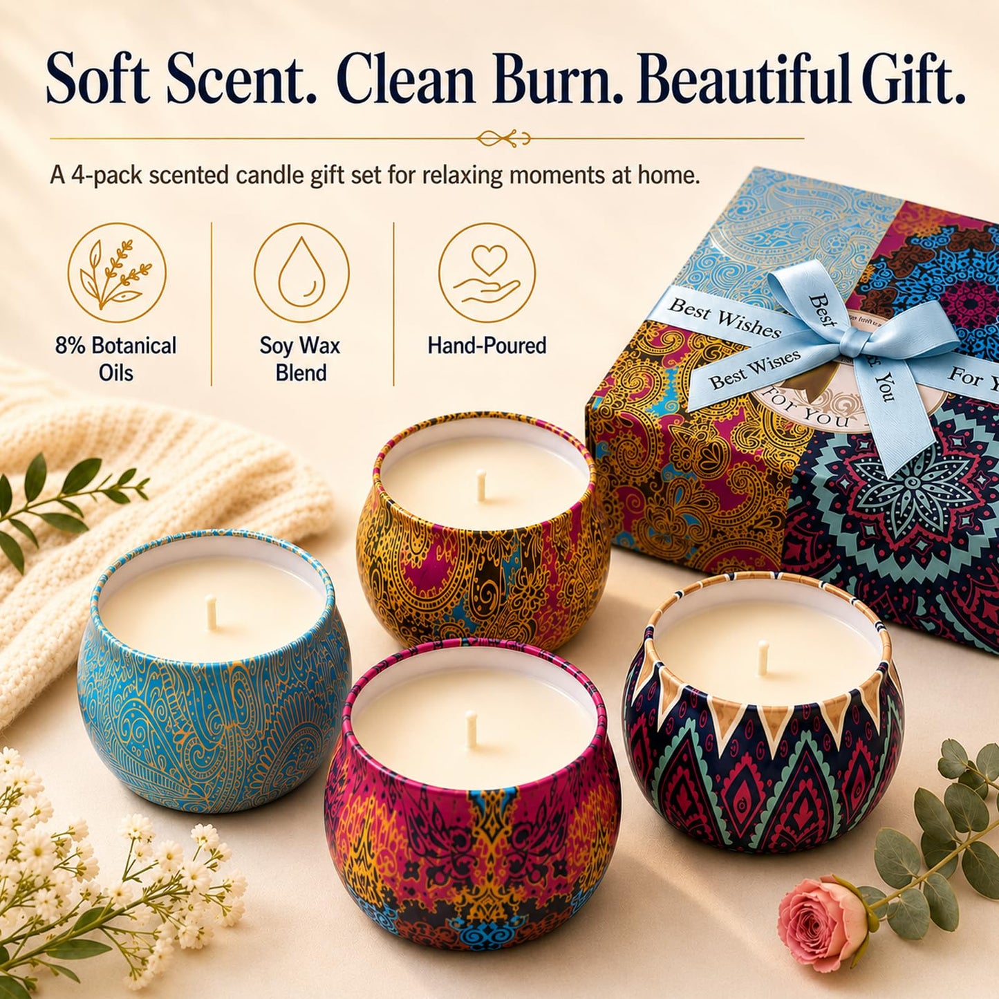 Scented Candles Gift Set for Women, 4 Pack Soy Wax Candles in Classic Bohemian Tins, Aromatherapy Candle Set, Birthday Gifts for Mom, Thank You Gifts