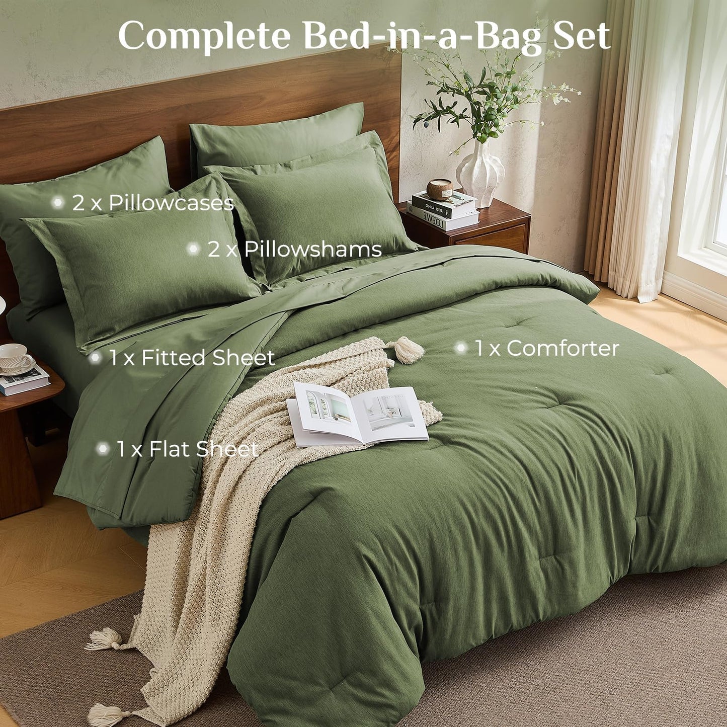 JOLLYVOGUE Queen Comforter Set Dark Green, Cationic Dyeing Bed in a Bag Queen 7 Pieces, Double-Tone Bedding Set with Down Alternative Comforter, Sheets, Pillowcases & Shams