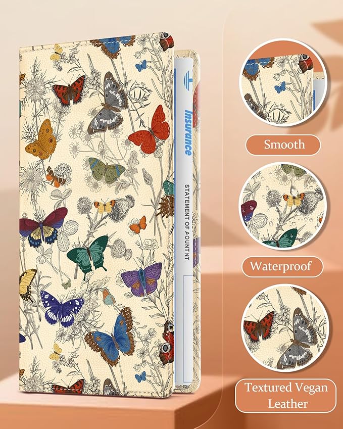 Slohif Car Registration and Insurance Card Holder - Butterflies Vehicle Glove Box Organizer Women with Magnetic Shut Leather Automobile License Holders Coasters Auto Accessories Case for Document