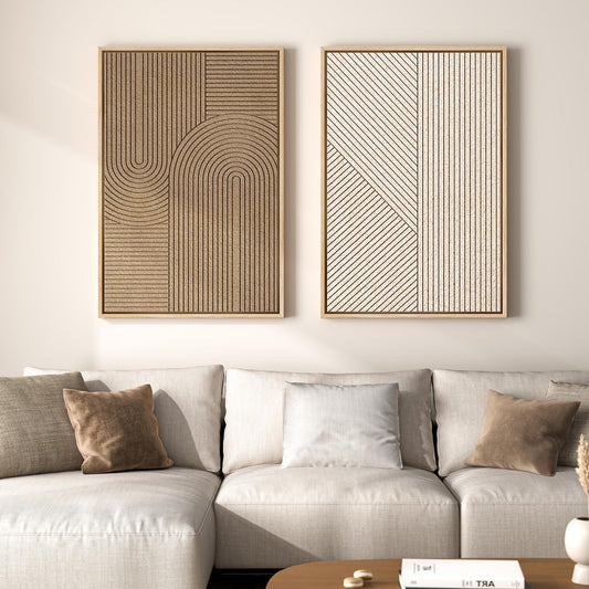 Large 3D Textured Framed Neutral Abstract Wall Art Set, 2 Piece Modern Paintings Artwork for Walls, Minimalist Beige Brown Geometric Line Pictures for Living Room Entryway Bedroom Wall Decor 24x36 In