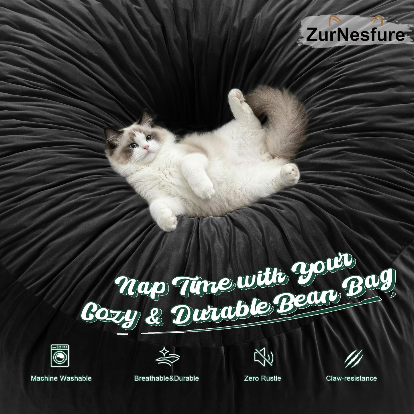 ZurNesfure Bean Bag Chairs for Adults 5FT Large Bean Bag Chair Memory Foam Filled Lazy Sofa with Removable Washable Cover Beanbag for Living Room Bedroom Dorm (Black, X-Large)