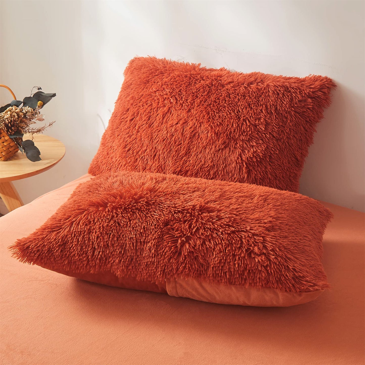 FOPPA Furry Pillow Cases Burnt Orange 26"x20", Faux Fur Shaggy Plush Fuzzy Fluffy Decorative Pillow Covers Set of 2, Standard Velvet Cushion Cover with Zipper for Bedroom Interior