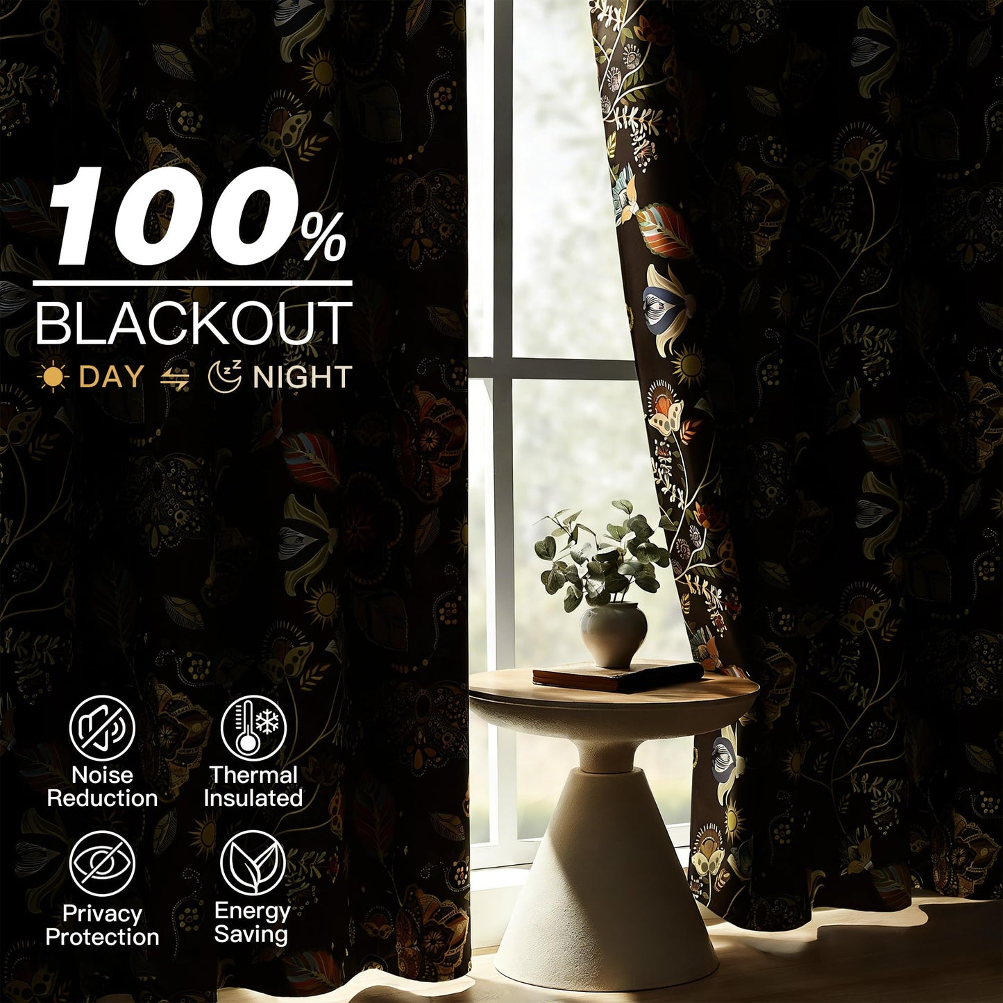 XiDi Floral Curtains 100% Blackout Vintage Patterned Black Out Curtain 63 Inches Long Thermal Insulated Window Drapes 2 Panels Grommet Room Darkening Curtain for Living Room Bedroom Olive Green 52x63