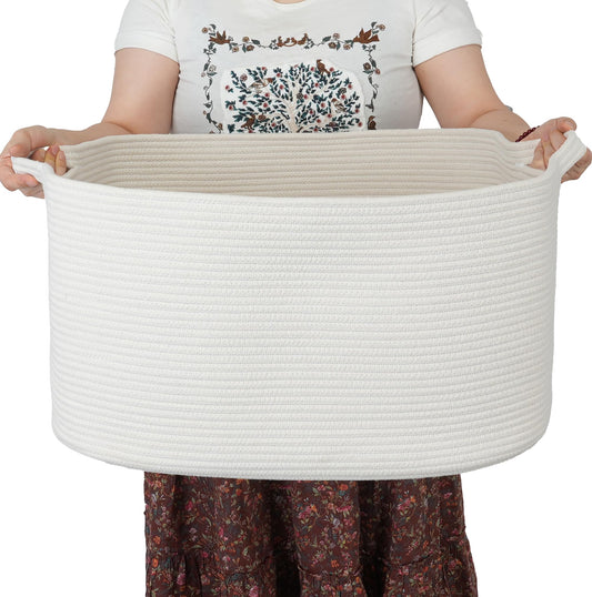 XUANGUO Large Rectangle Blankets Basket Living Room 22"x17"x12" Woven Cotton Rope Storage Baskets for Nursery Toy Baskets for Kids and Dogs Laundry Basket Bin for Clothes Towels white