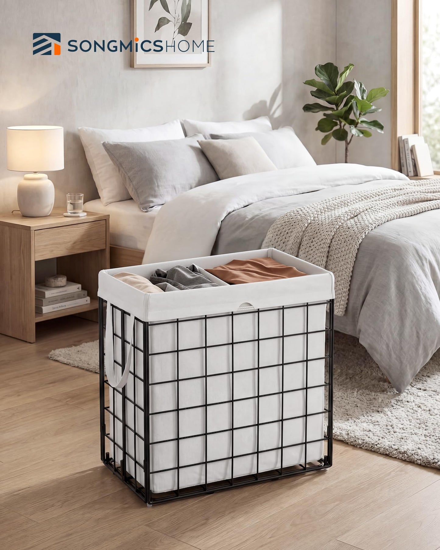SONGMICS HOME Laundry Basket, Foldable Laundry Hamper, Clothes Hamper, Removable Liner with Handles, for Bedroom, Bathroom, 34.3 Gal. (130 L), White