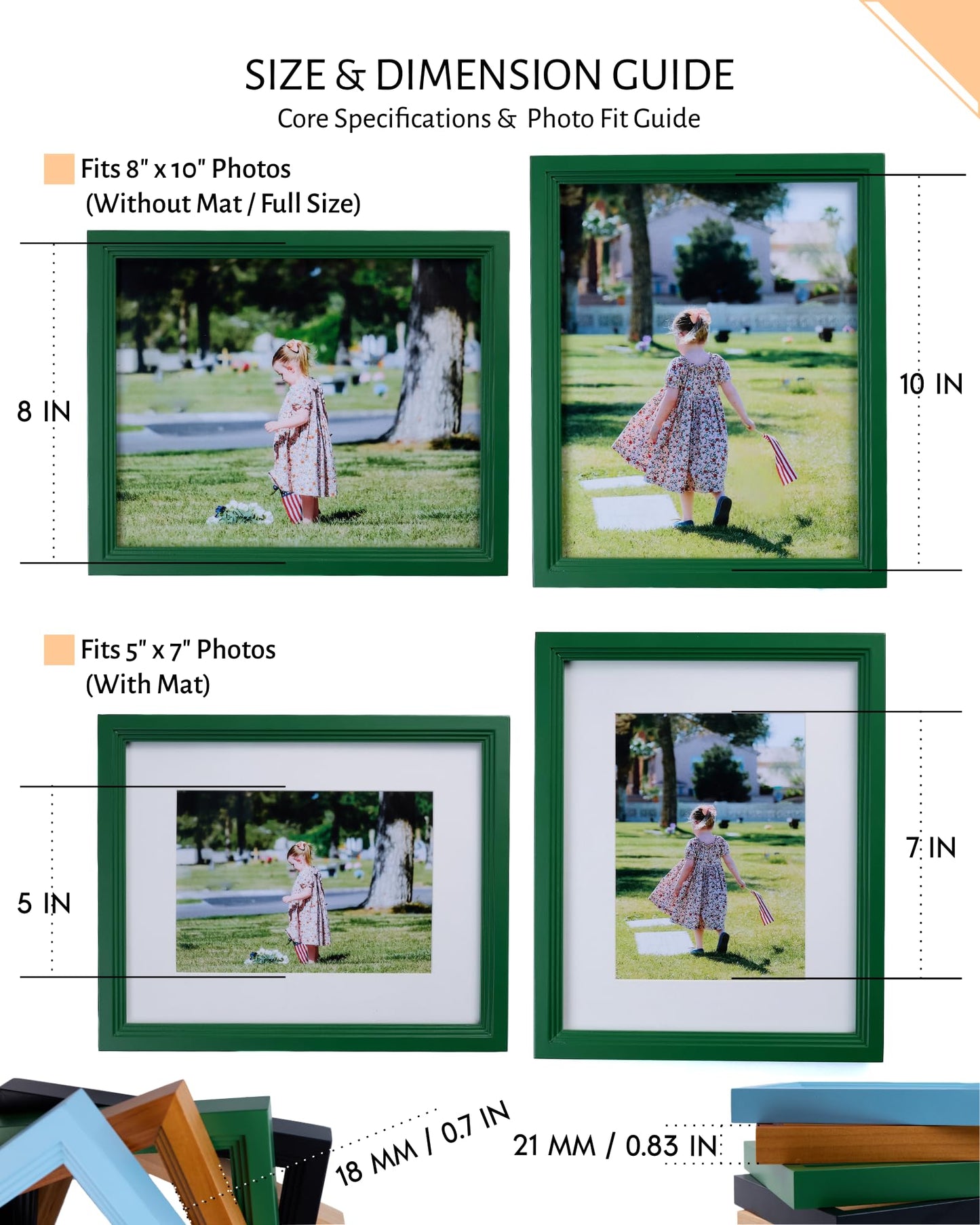 Exper City 8x10 Wooden Picture Frame, Displays 8x10 Without Mat or 5x7 With Mat, Solid Wood Colorful Photo Frame for Wall Tabletop, Real Glass, Rustic Stepped Edge, 2 Pack, Green