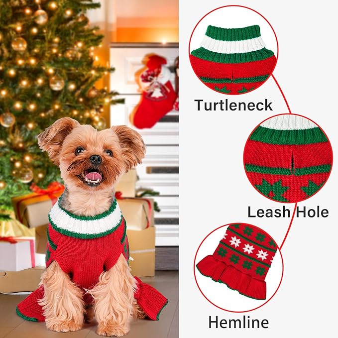 KYEESE Dog Christmas Sweater Pullover Dog Sweater for Small Dogs Warm Dogs Coats Pet Clothes Pet Sweater Dress with Snowflake Pattern Turtleneck Knit Pet Sweater for Girl with Leash Hole, Red, Large