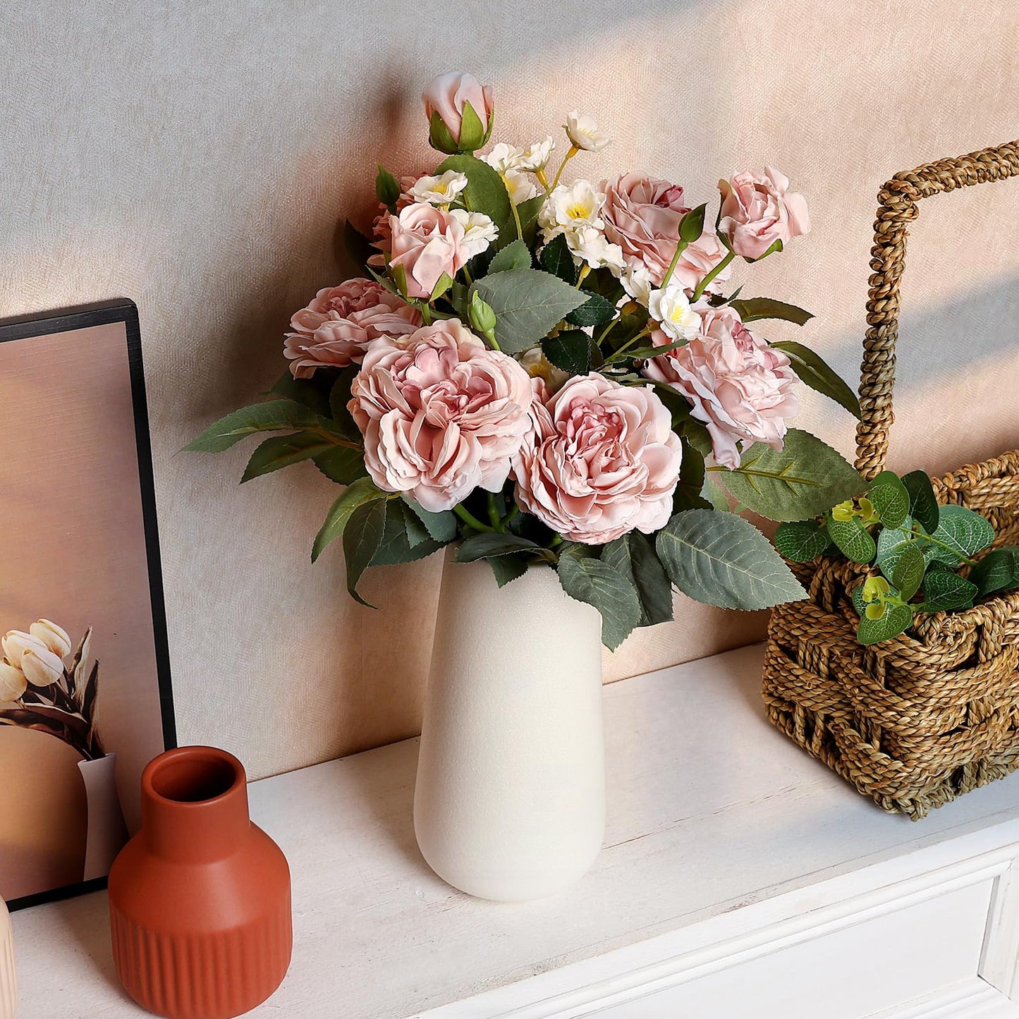 Tobilu Fake Flowers in Ceramic Vase, Artificial Pink Flower Bouquet with Vase Floral Arrangements for Mantel Dining Table Coffee Table Centerpieces - Dusty Pink