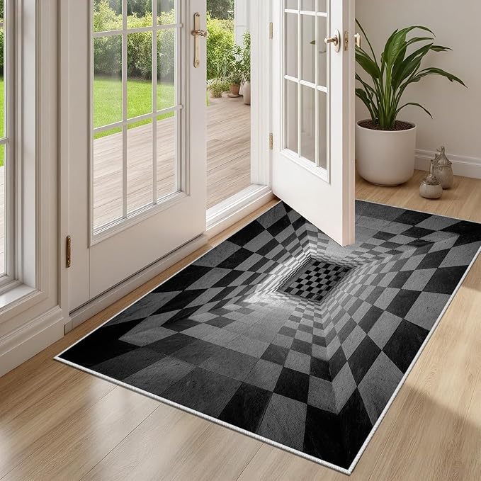 3D Rug 8x10, Plaid Soft Ultra Soft Faux Wool Low Pile Optical Illusion Rug, Indoor Floor Mats Abstract Geometric Carpet, Non-Slip Stain Resistant Washable Rugs, Modern Gray Rugs for Living Room