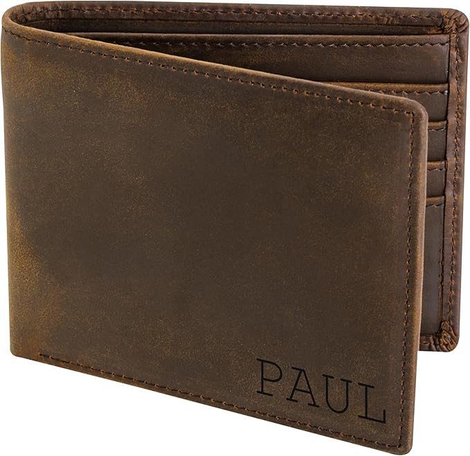 STAY FINE Personalized Wallet for Men, Custom Engraved Leather RFID Blocking Bifold, 2 ID Windows, 8 Card Slots, Gift for Him, Brown