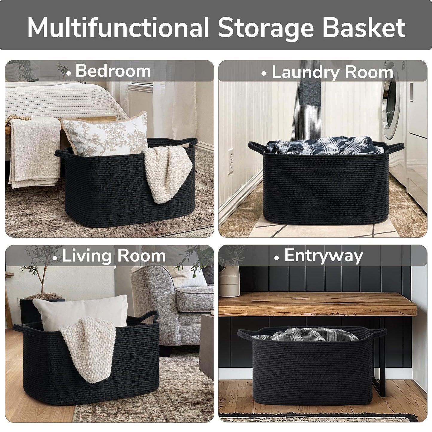 Goodpick Large Blanket Basket Living Room, 21.6" x 14.9" x 11.8" Woven Storage Basket for Blankets, Toys, Rectangle Rope Dirty Clothes Baskets for Nursery, Bedroom, Black
