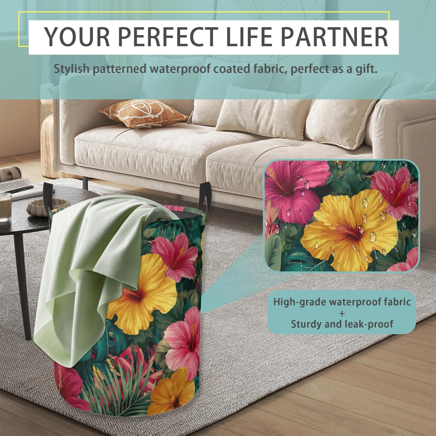 Laundry Hamper Foldable Oxford Cloth Tropical Flower Laundry Basket With Handle Portable Clothes Storage Organizer Basket Storage Bag For Laundry Room/Bedroom/Bathroom