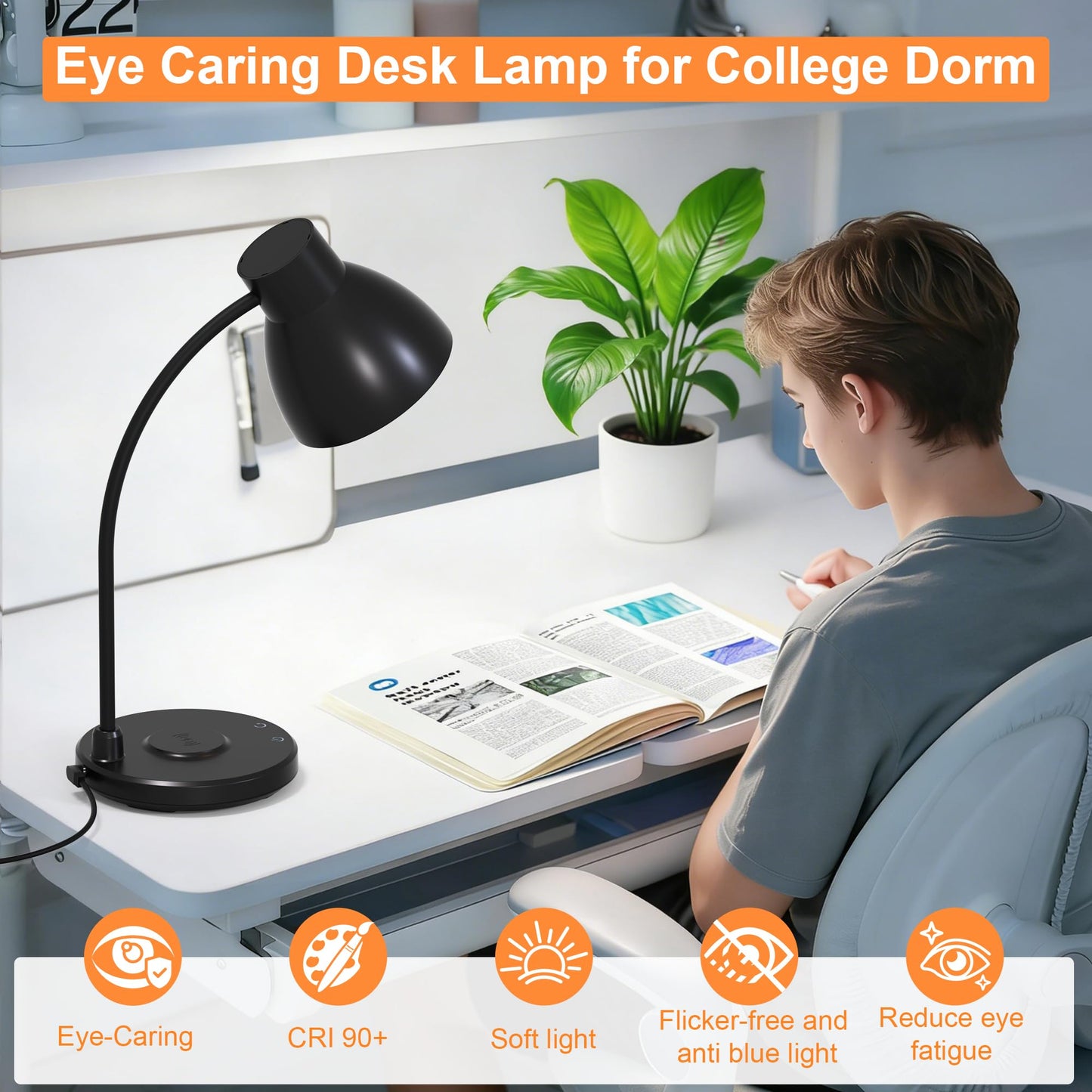 Vicsoon Desk Lamps for Home Office - LED Desk Lamp with Wireless Charger, 3 Color Modes Dimmable Eye-Caring Study Reading Desk Light, Small Flexible Arm Table Lamp for College Dorm Room Bedside, Black