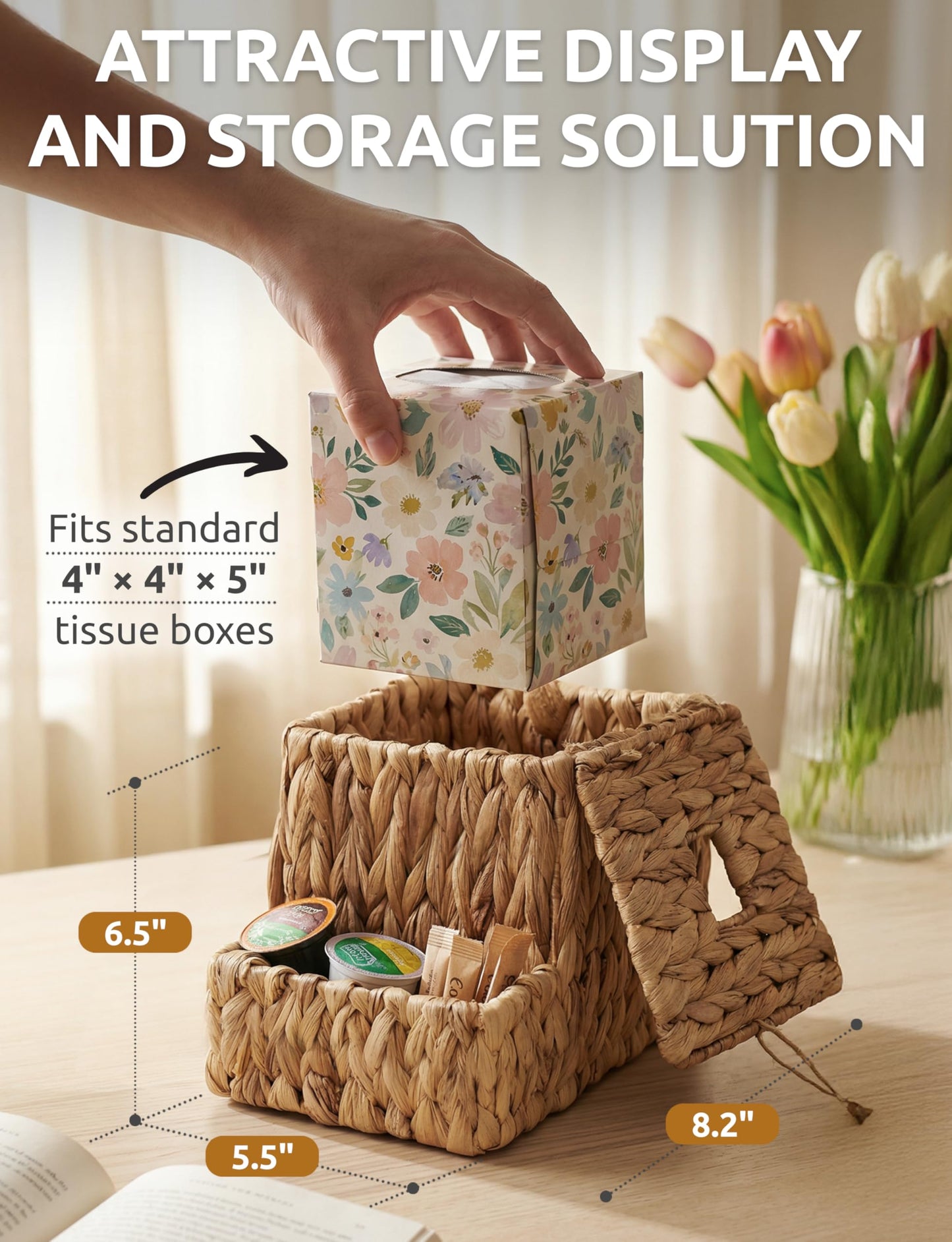Demigo Water Hyacinth Tissue Box Cover with Side Organizer, Handwoven Wicker Napkin Box Holder with Metal Frame, Boho Farmhouse Tissue Box Storage for Kitchen, Bedroom & Living Room
