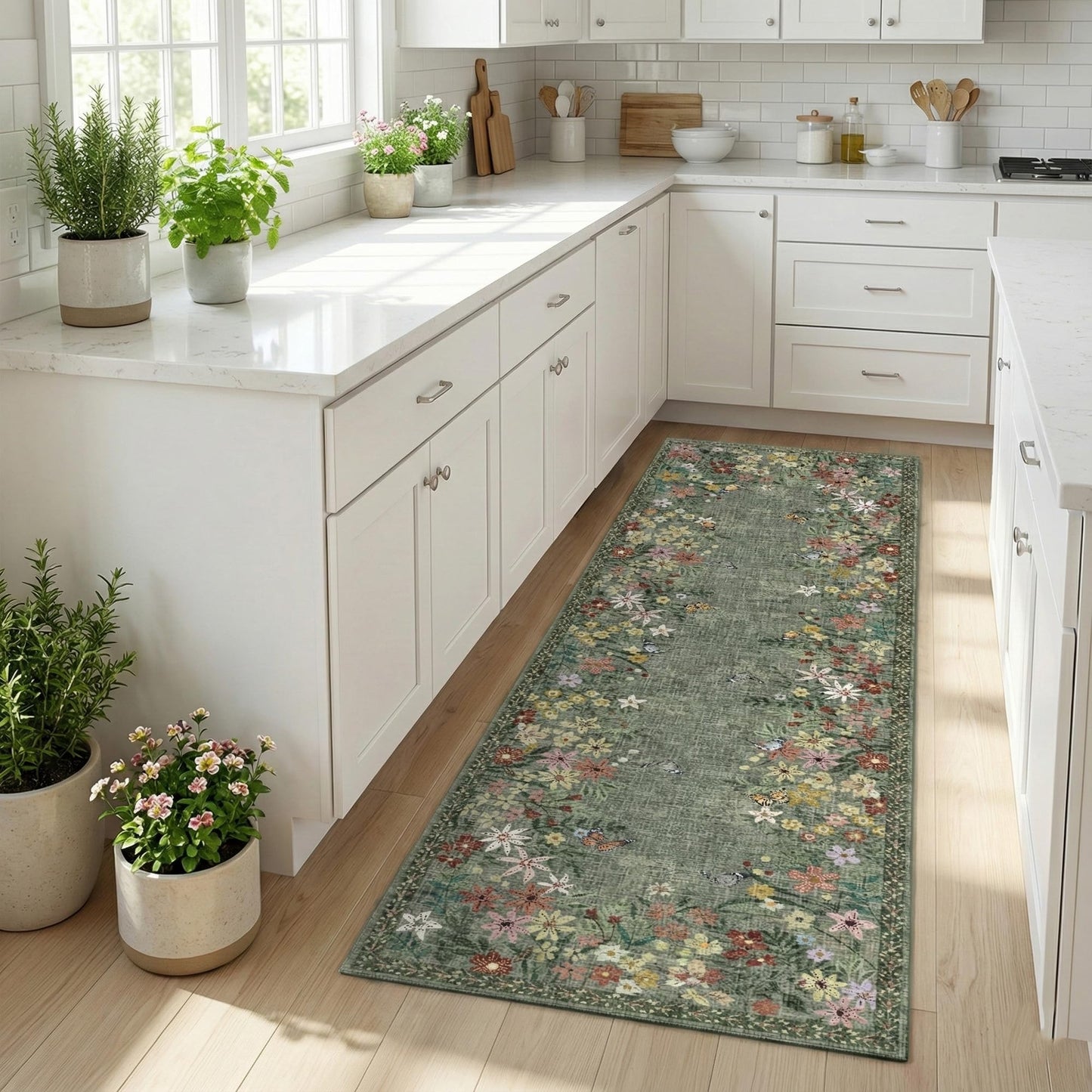 KUEAO 2x6 Kitchen Runner Rug for Hallway, Washable Runner Rug with Non Slip Backing, Low Pile Soft Boho Floral Carpet for Kitchen Hallway Entryway Laundry Bedroom 24x72 Inch Green