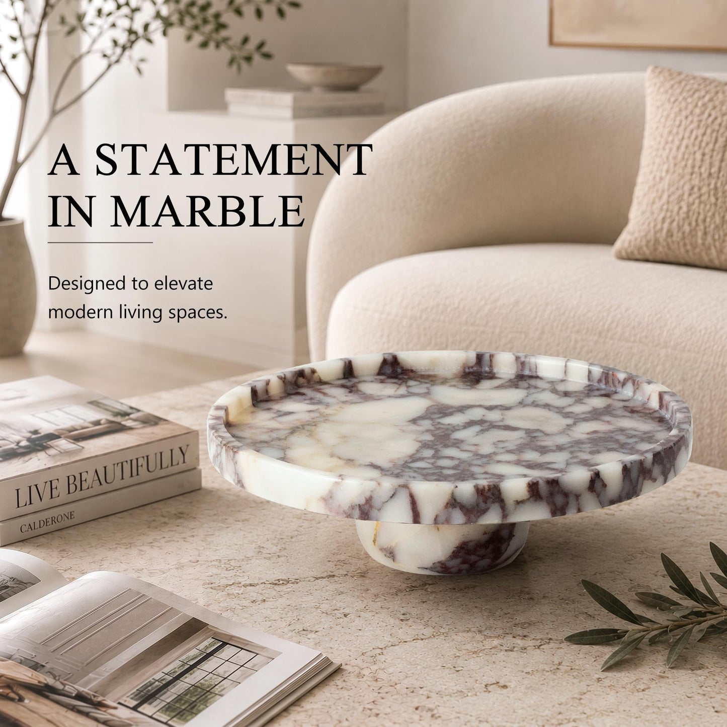 YMXYJM,Marble Pedestal Tray Round Decorative Vanity Tray,Calacatta Viola