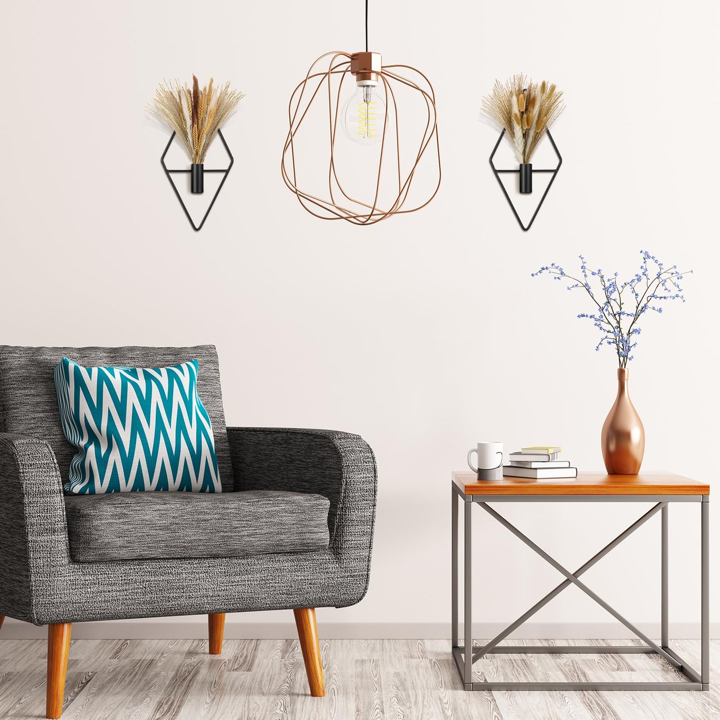 Peryiter 2 Pcs Small Boho Wall Decor Hanging Planters with Artificial Pampas Metal Wall Art Modern Home Decor Display Art for Bedroom Bathroom Living Room(Black)