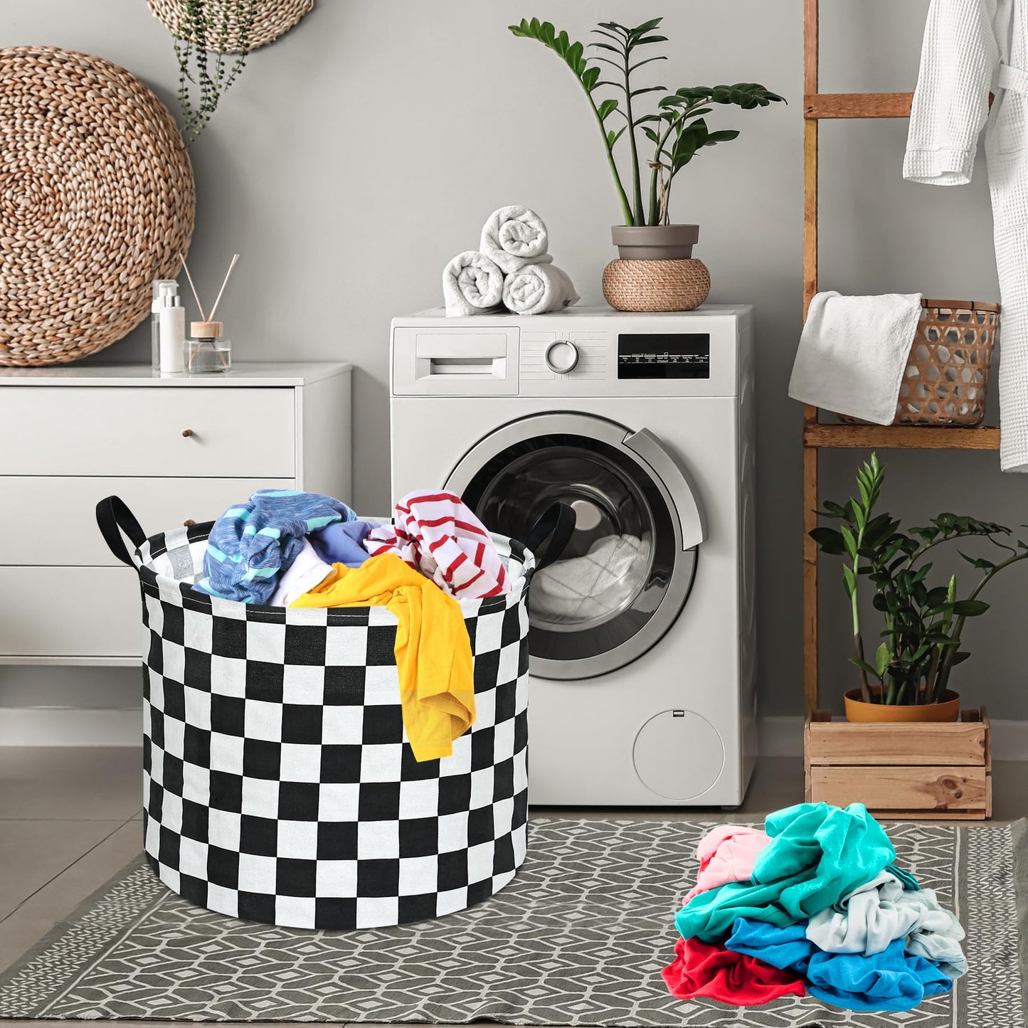 3 Pack Checkered Storage Baskets with Leather Handles, Foldable Fabric Toy Storage Bins with Waterproof Lining, Large Round Laundry Hamper for Kids Room, Nursery, Bedroom, Playroom Organization