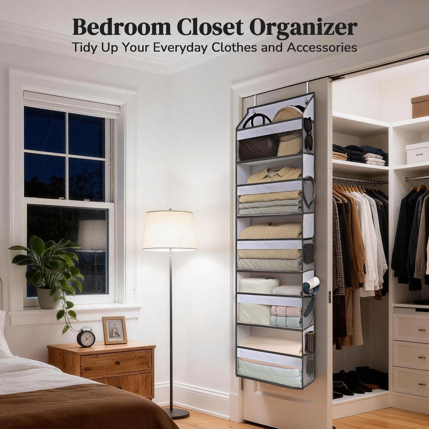 Ordovibe 5 Tiers Ultra-thin Over Door Organizer with 10 Mesh Side Pockets, 44 lbs Weight Capacity Hanging Storage Organizer with Clear Window Kids Toys, Shoes, Diapers, White & Grey