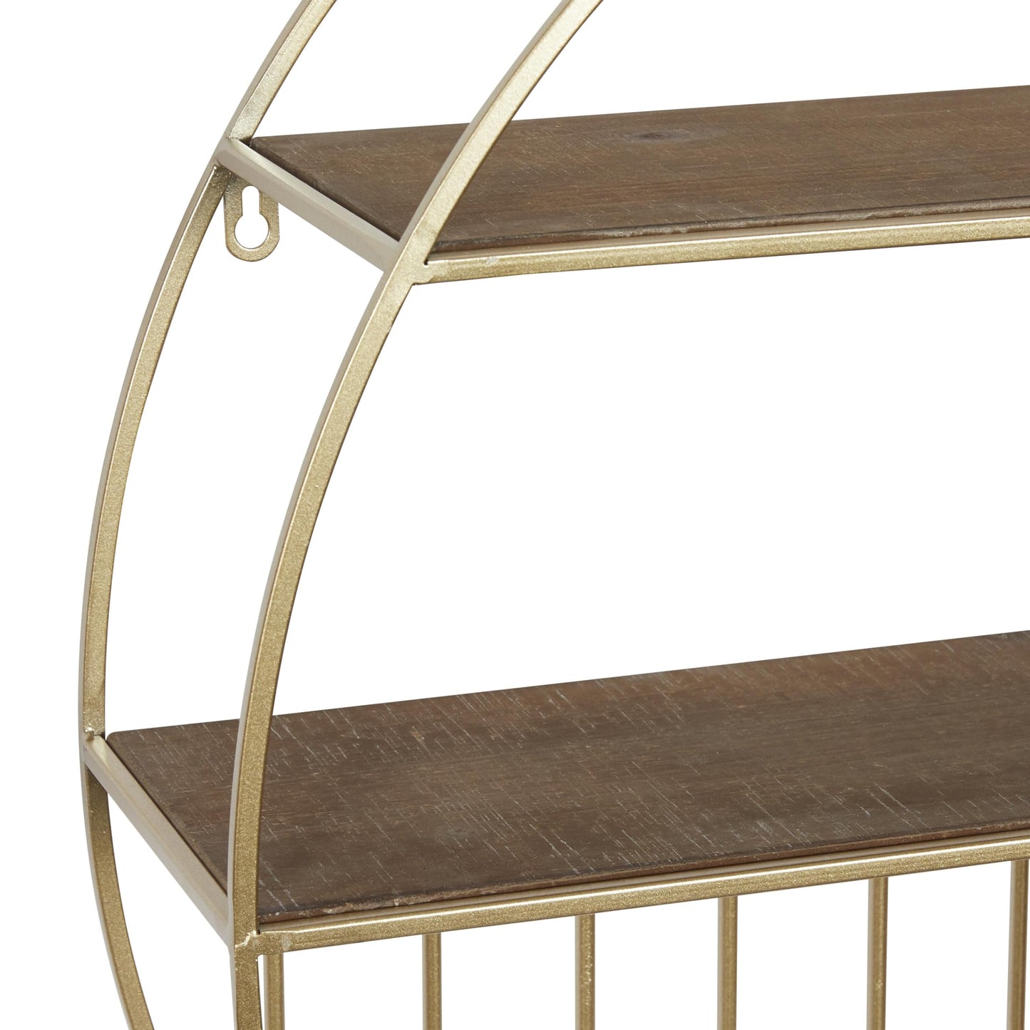 Deco 79 Metal Geometric Wall Shelf Circle with 3 Wood Shelves and Linear Rods, 28" x 7" x 28", Gold