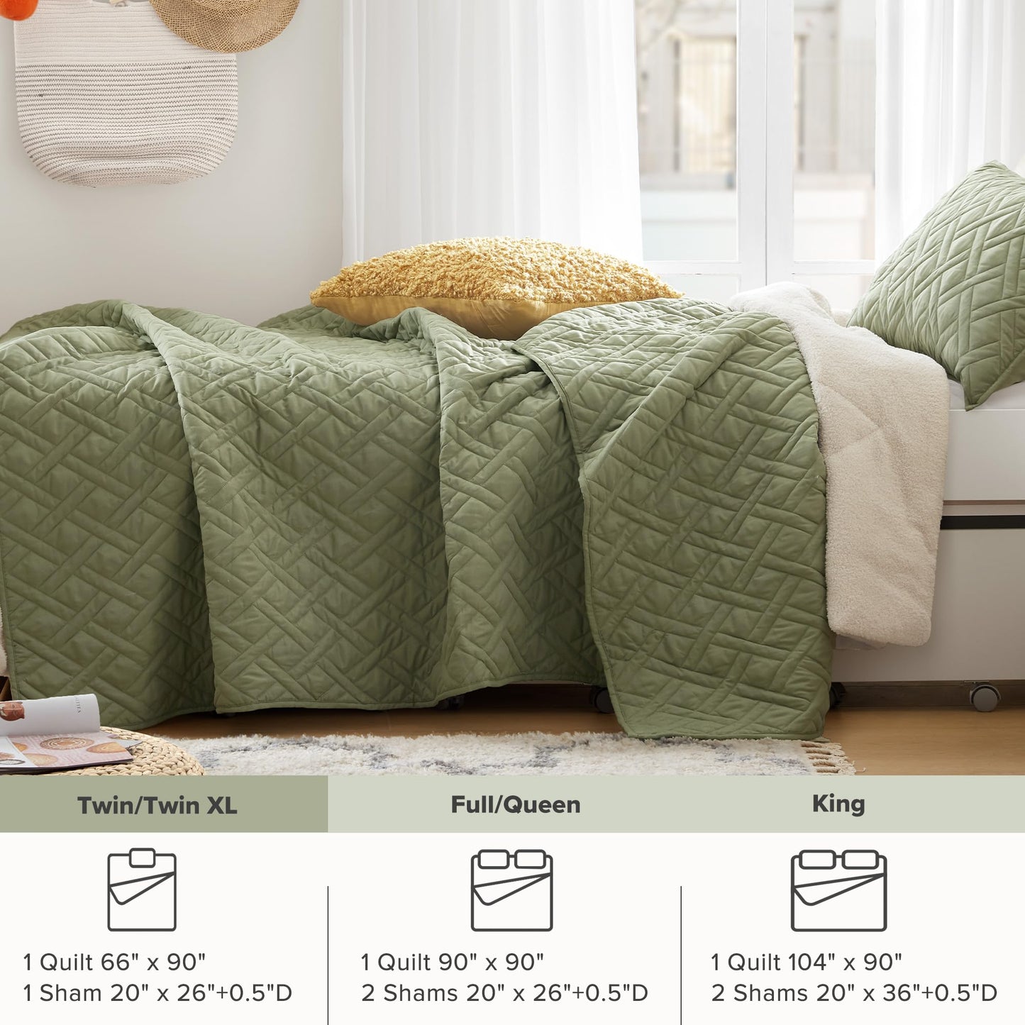 Comfort Spaces Twin Quilt Set Modern Reversible Diamond Coverlet Twin Bedding Set Cozy Quilted Winter Layer, All Season Lightweight Soft Twin Size Quilt, Kienna, Twin/Twin XL Olive Green 2 Piece