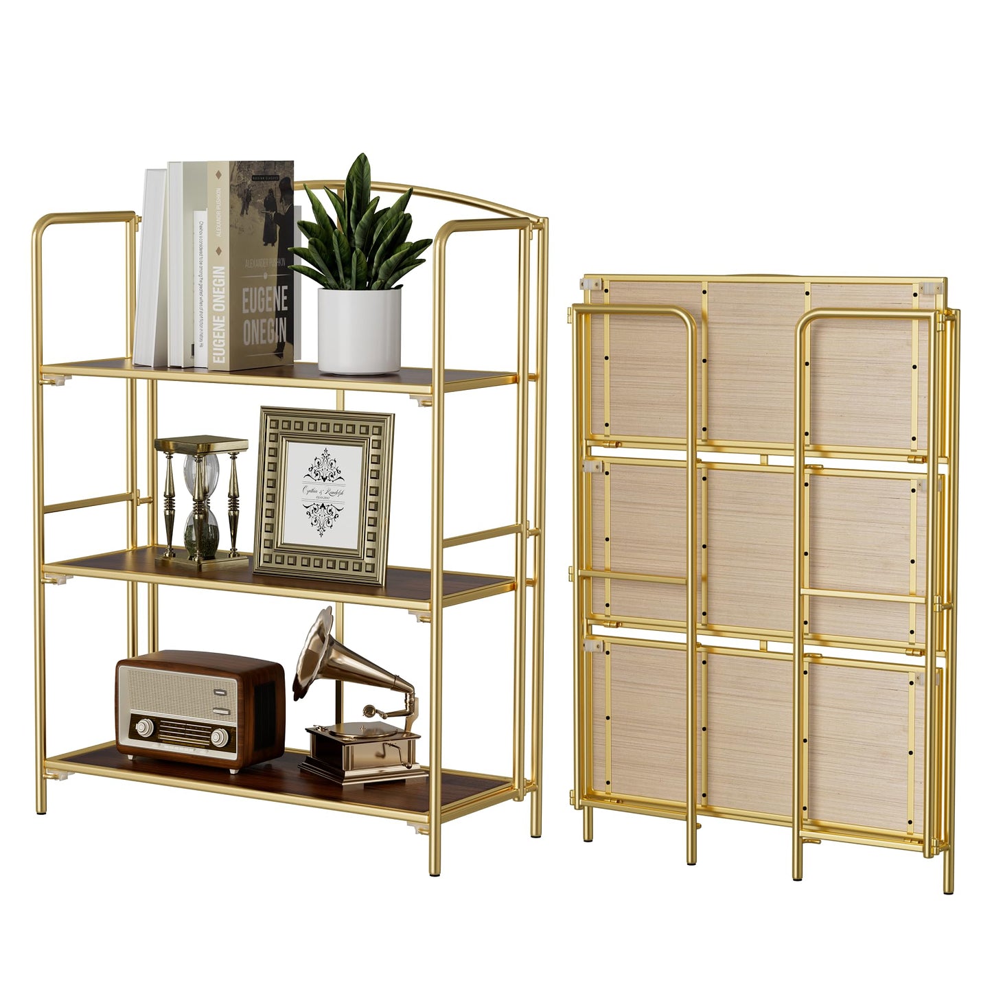Crofy 3-Tier Wider Foldable Bookshelf, Gold Frame & Walnut Shelves