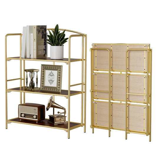 Crofy 3-Tier Wider Foldable Bookshelf, Gold Frame & Walnut Shelves