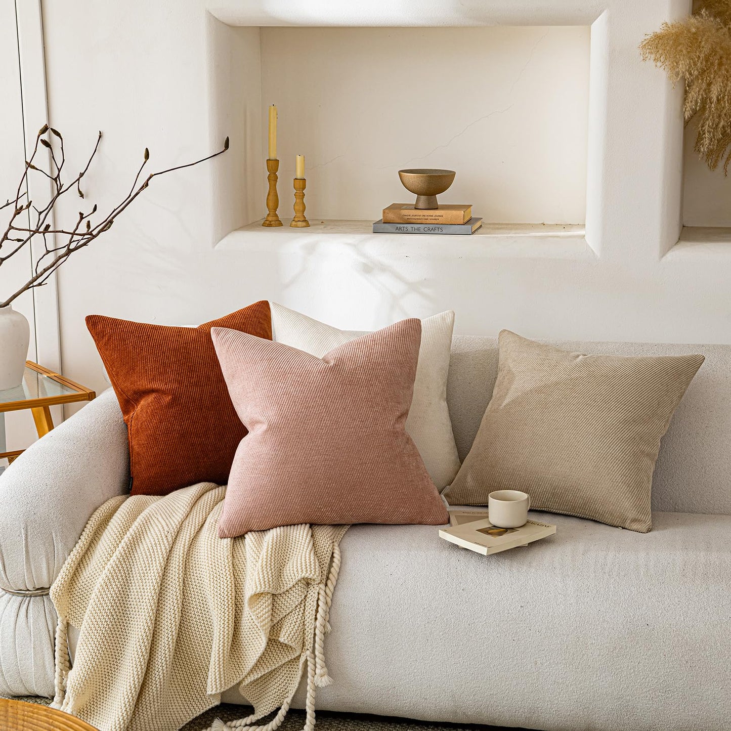 a moment Pack of 2 Decorative Chenille Throw Pillow Covers with Twill Cushion Covers for Sofa Living Room Couch Bed 24x24 Inch Beige