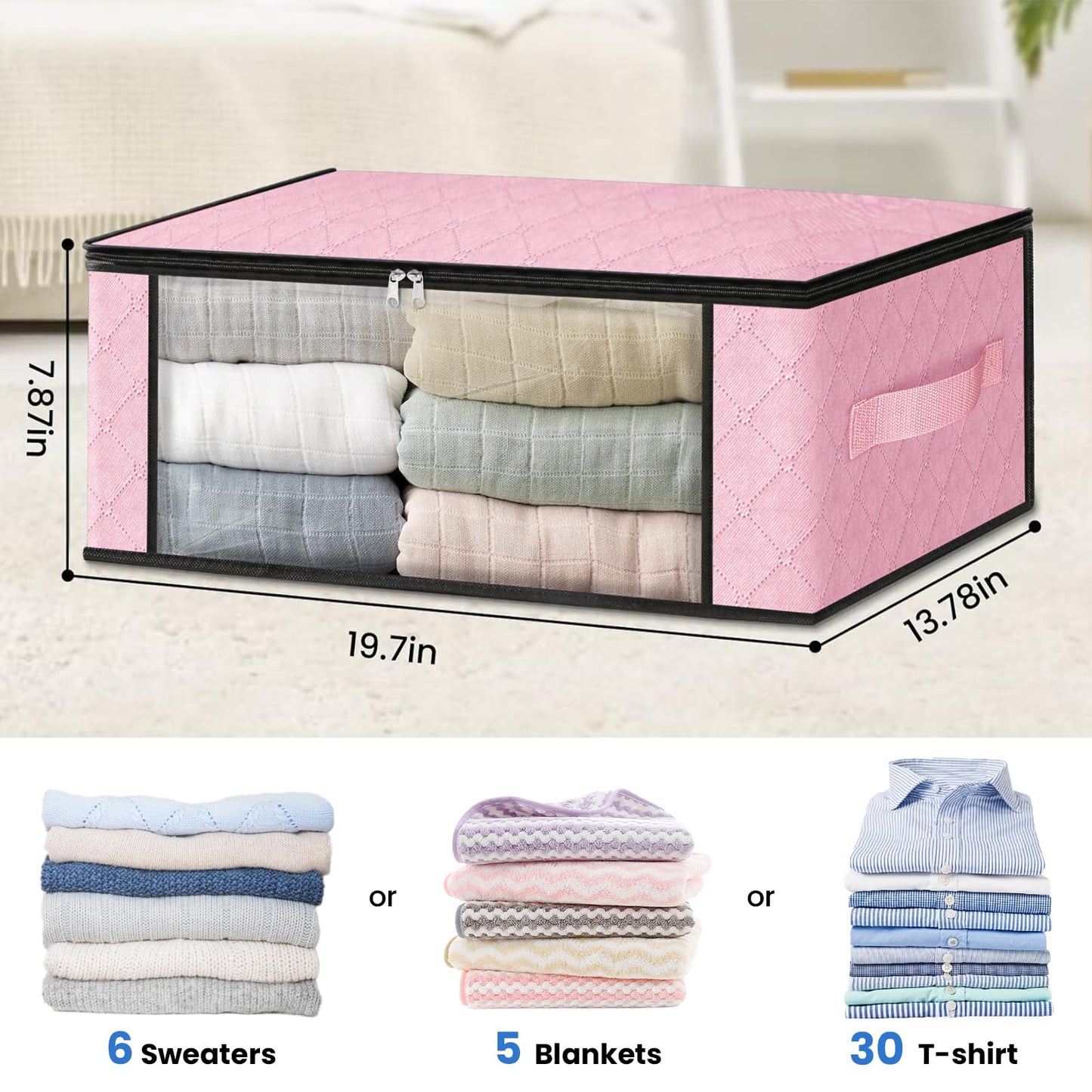 HomeHacks Storage 3-Pack Clothes Organizer Storage Bags Foldable Storage Box with Large Clear Window Sturdy Handles for Closet, Dorm, Pillows, Bedding, Clothes, Blankets, 35L, Pink