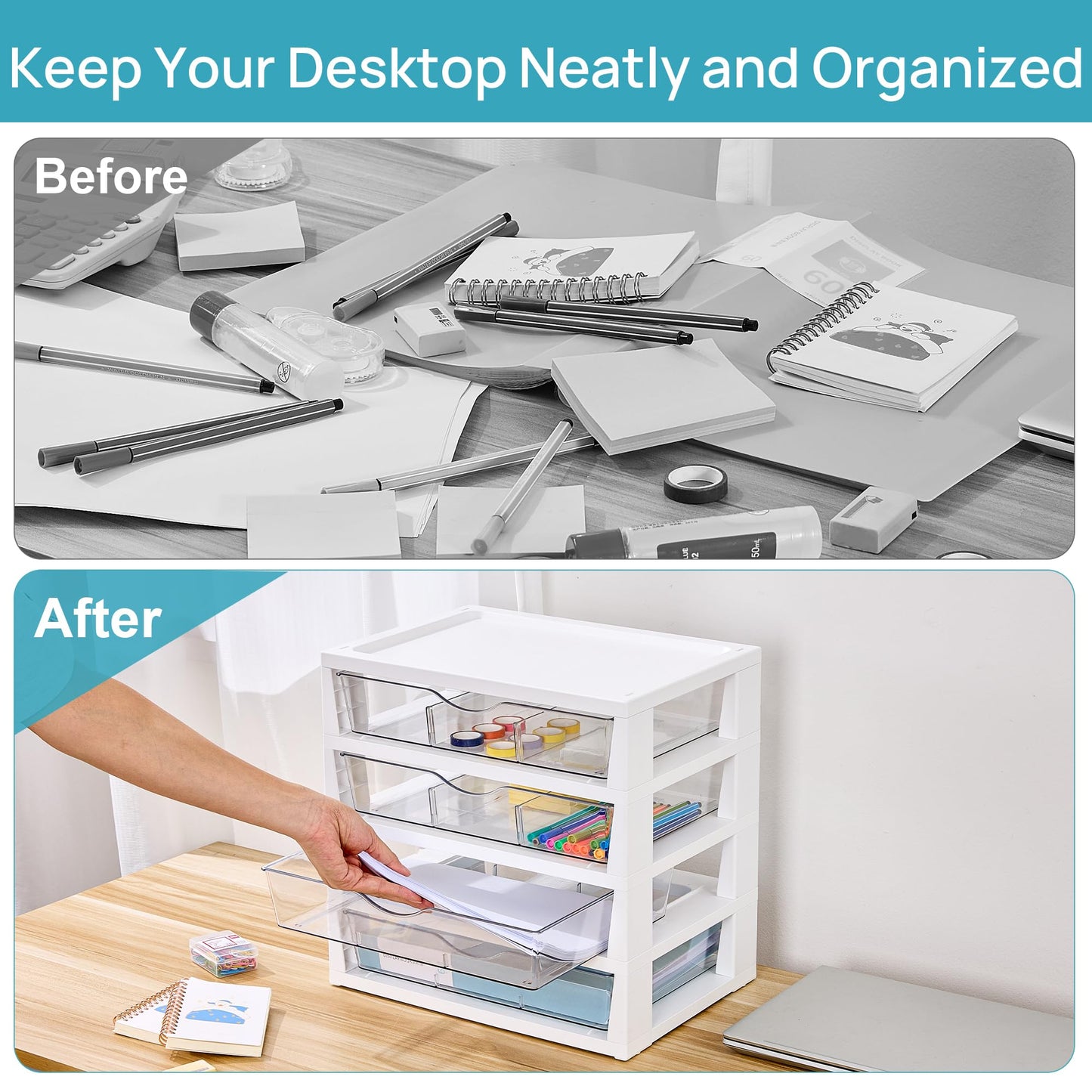 Vtopmart Clear Plastic Desk Organizer, 4-Tier Assemble Desktop File Organizer with Drawers, Office Desk Organization for Office Supplies