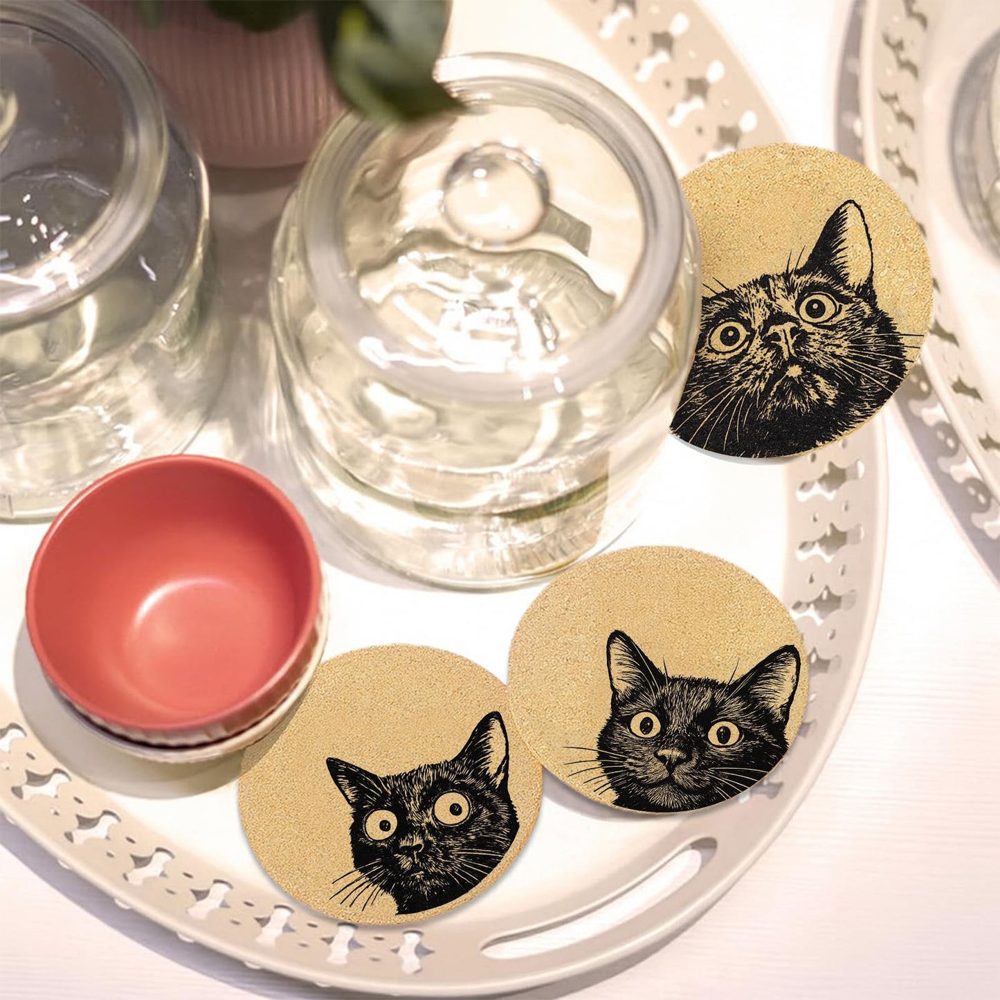 Cegkuc Coasters for Drinks with Holder Set of 6, Curious Cat Cork Coaster Absorbent for Office Desk Cat Table Coasters Kitchen Decor House Warming Gifts for New Home Couples, Round 4"
