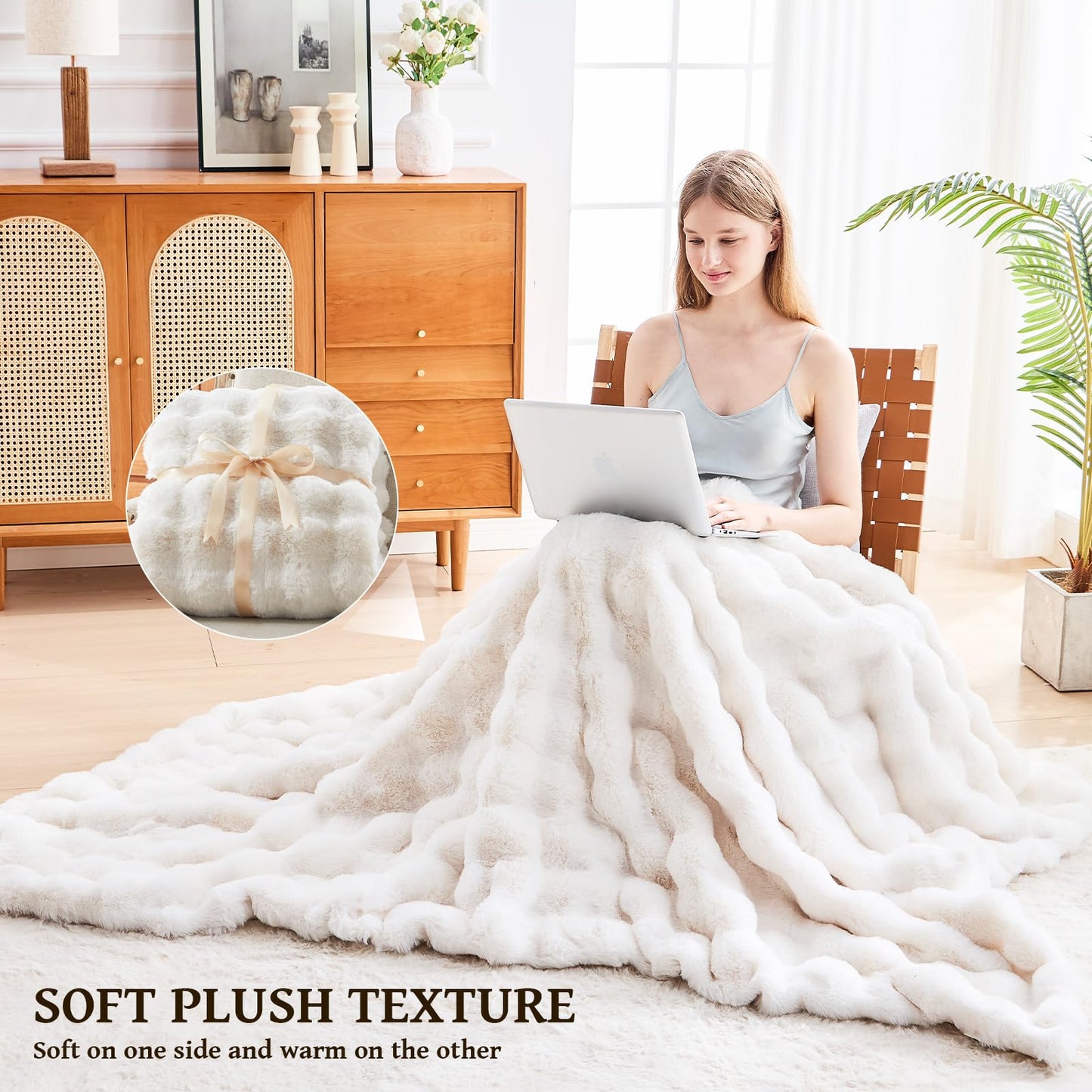 Faux Fur Queen Blanket for Couch, 1000 GSM Cozy Fuzzy Fluffy Soft Plush Thick Bubble Sherpa Blanket for Sofa Bedroom Living Room, Mothers Day Birthday Gifts for Women Home Decor