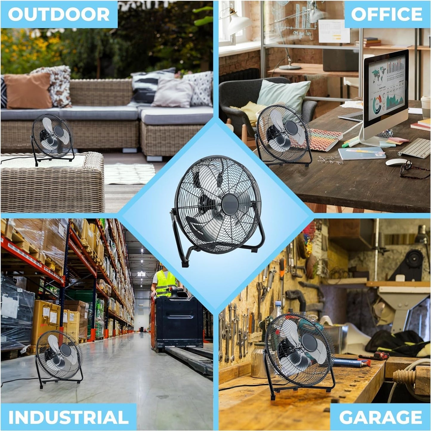 EZ-CHILL 9" Cradle Floor Fan, 3 Speed, Electric, 180 Degree Adjustable Tilt, All Metal, Carry Handle, Rubber Feet, Table Fan, Airflow 12.57 ft/sec, Ideal for Home, Bedroom & Office, MTFDB-9
