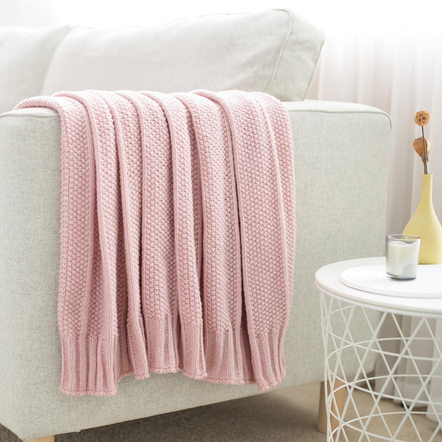 Carriediosa Knit Throw Blanket for Couch 50" X 60", Soft Cozy Stripe Pattern Cable Knitted Throws Fall Fluffy Textured Solid Home Decor Blankets Couch Cover for Bed Sofa, Dusty Pink