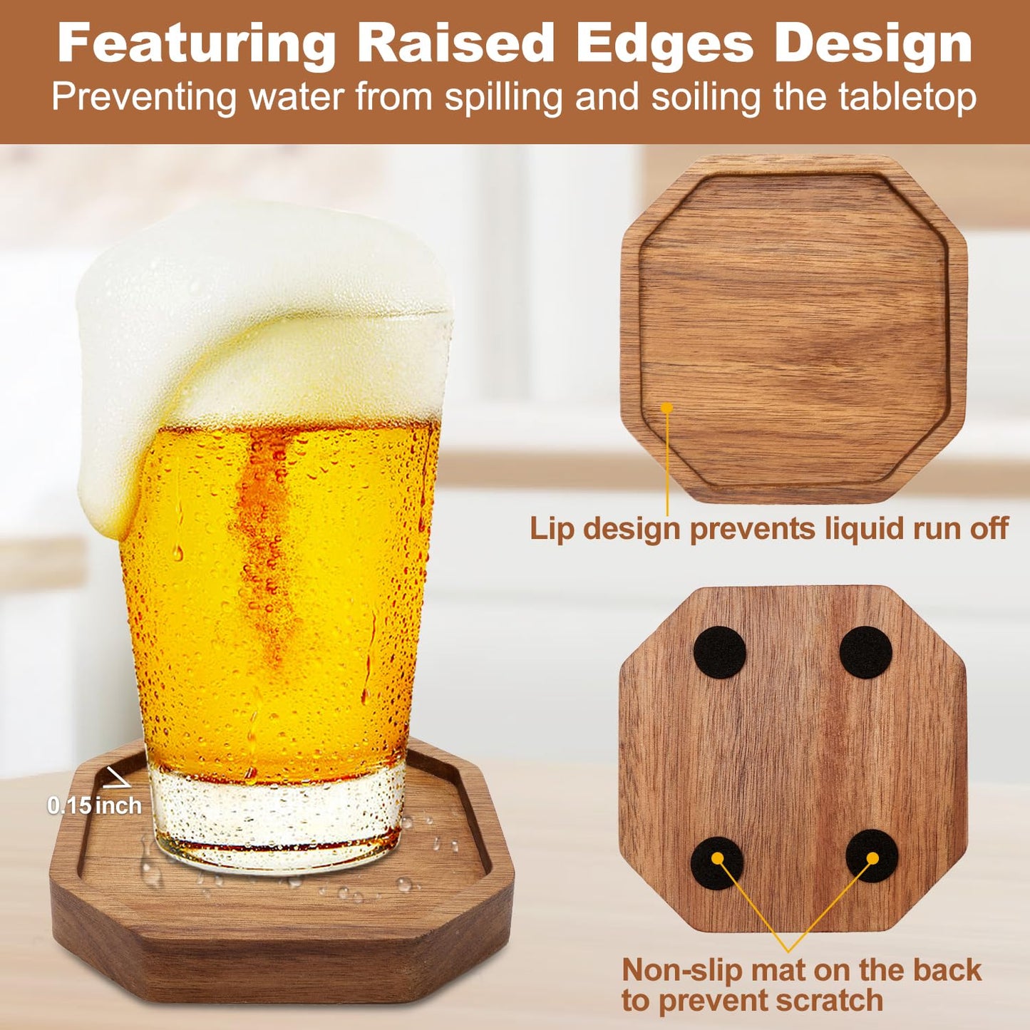 Cute Rustic Farmhouse Wooden Cup Coaster Set of 6 Cool Bar Drink Coasters with Holder Acacia Wood Coasters for Coffee Table Desk Decorative Outdoor Modern Coaster Home Decor Beverage Accessories Gift