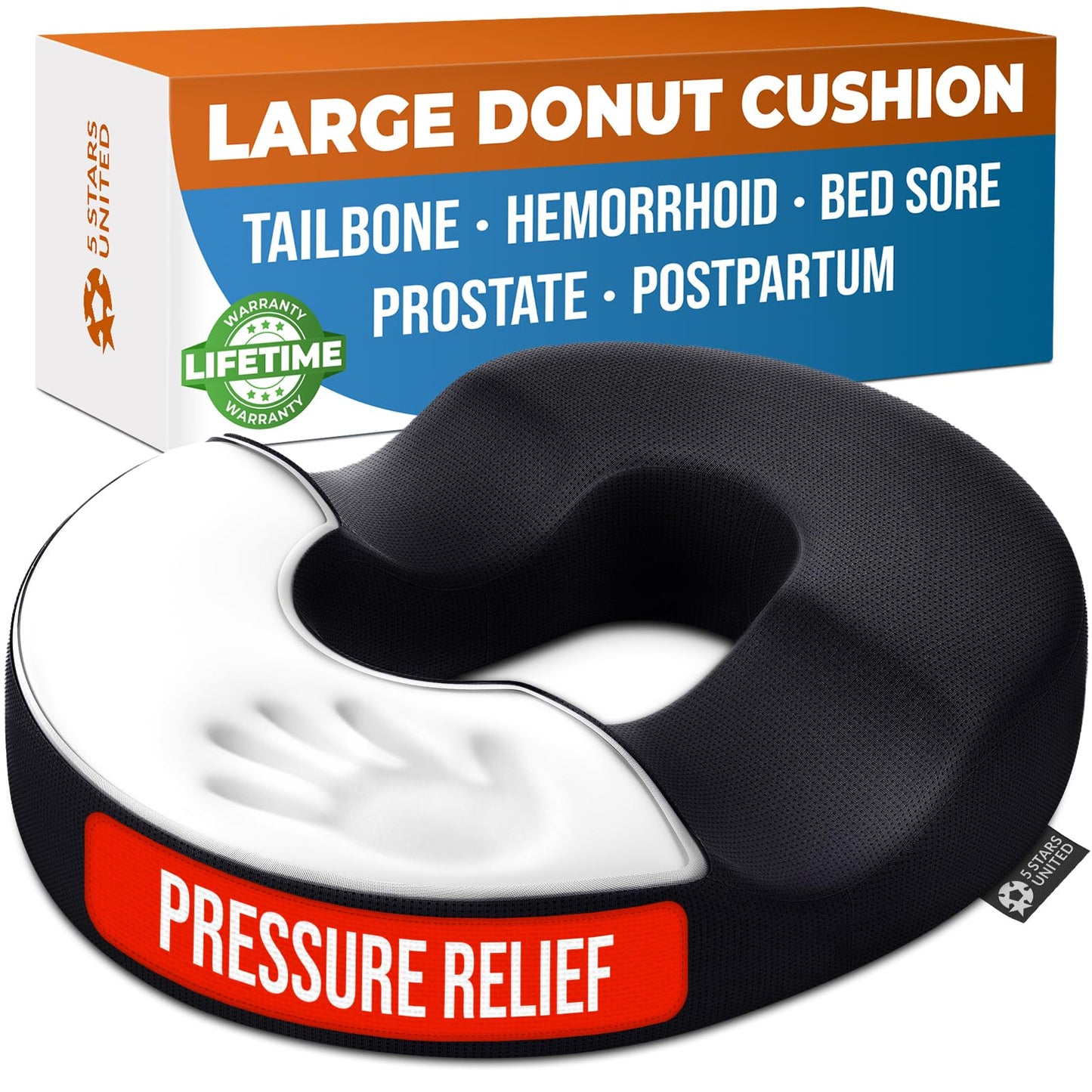 5 STARS UNITED Donut Pillow for Tailbone Pain & Hemorrhoids – Large Memory Foam Seat Cushion for Bed Sore-Prone Areas & Pressure Relief – Prostate, Postpartum & Pregnancy Support, Black Mesh Cover
