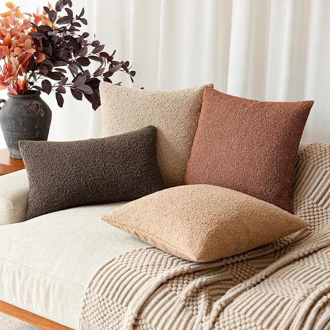 Foindtower Decorative Textured Boucle Throw Pillow Covers Accent Solid Pillow Cases Neutral Soft Cozy Couch Cushion Case for Chair Sofa Bedroom Living Room Home Decor 24x24 Inch,1PC,Burnt Orange Hazel